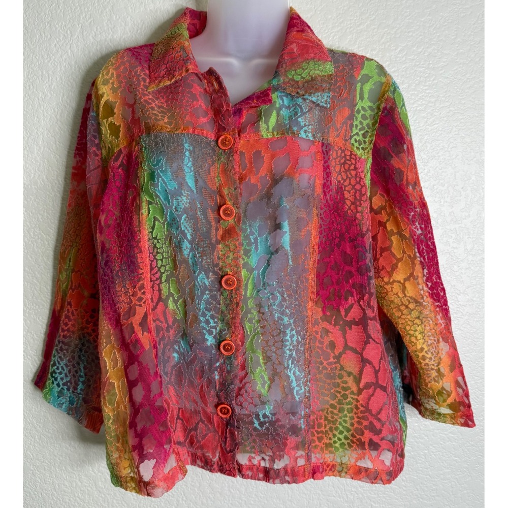 Toni Morgan Women M Button Up Shirt Multi Color Animal Print Burnout Sheer Linen